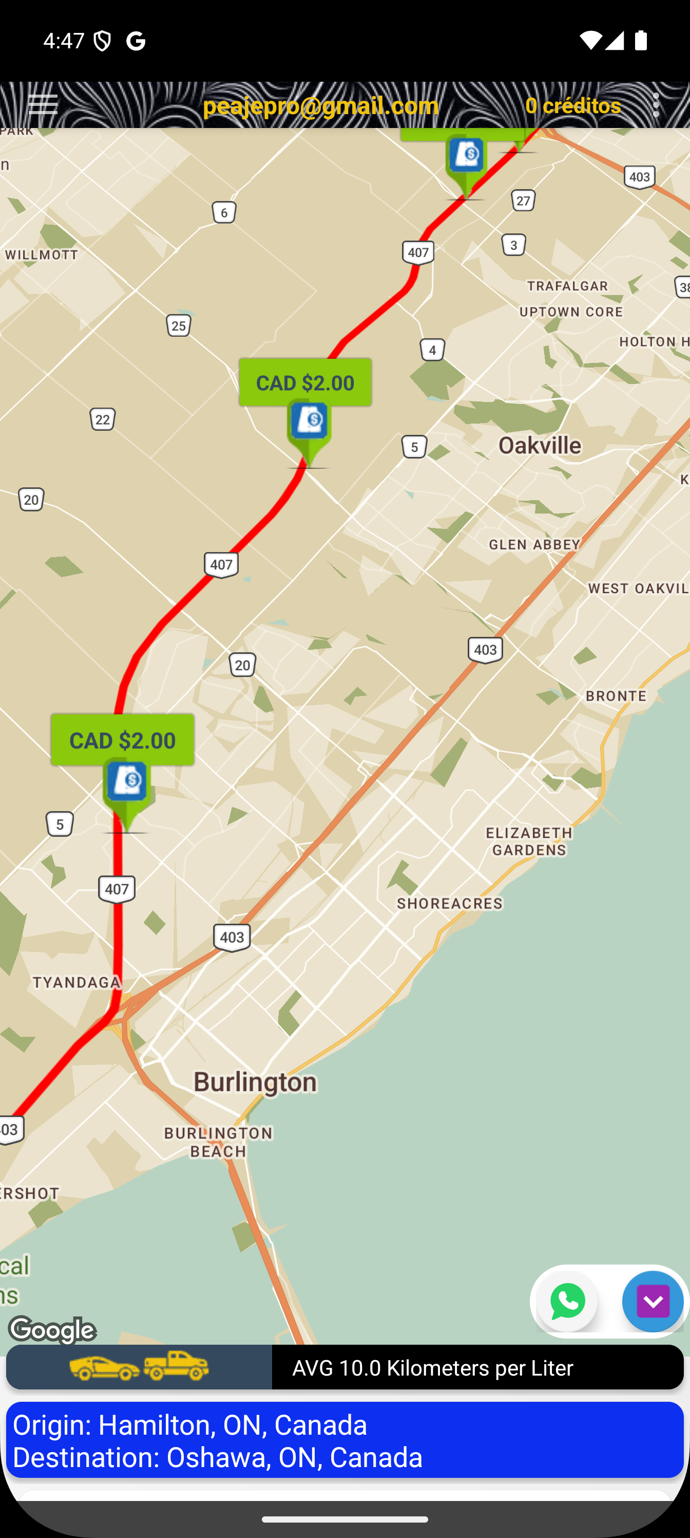 CanadaTolls app showing route toll calculation on Android